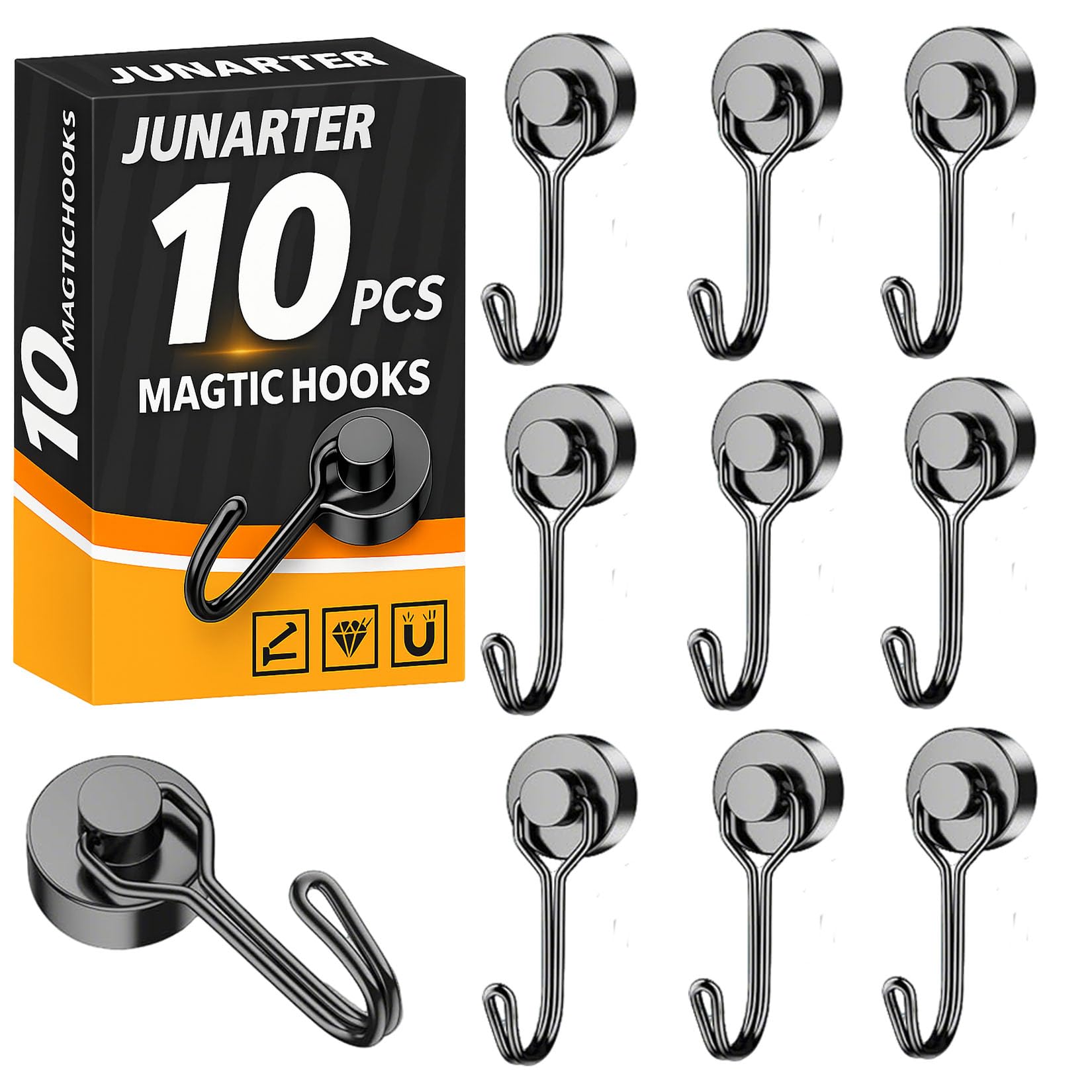 Photo 1 of Junarter 10 Pack Black Magnetic Hooks Heavy Duty, 25LBS Strong Neodymium Magnet Hooks, Swivel Swing Magnetic Hooks for Hanging, Magnet Hooks for Cruise Cabins, Kitchen, Home, Office, Garage, Grill