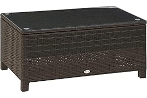 Outsunny Rattan Coffee Table, Patio Side Table, Hand-Woven Wicker Furniture with Tempered Glass Top Outdoor Garden Patio, Bro