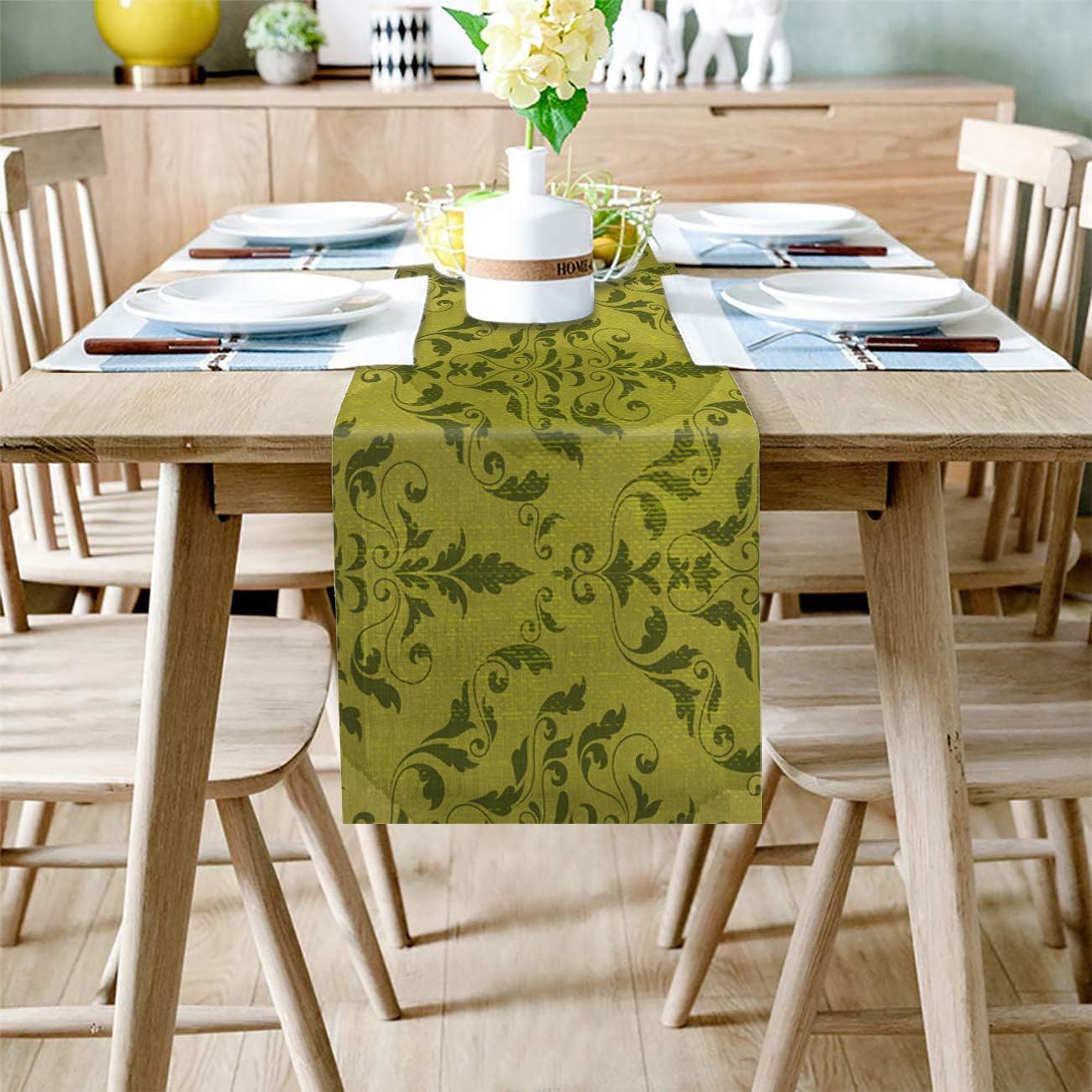 Table Runner, Crafted Linen Fabric Vintage Floral Texture