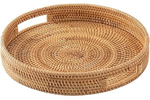Rattan Serving Tray, Round Woven Tray for Home Kitchen, Farmhouse Storage Basket, Natural Rattan Coffee Table Tray, Picnic Se