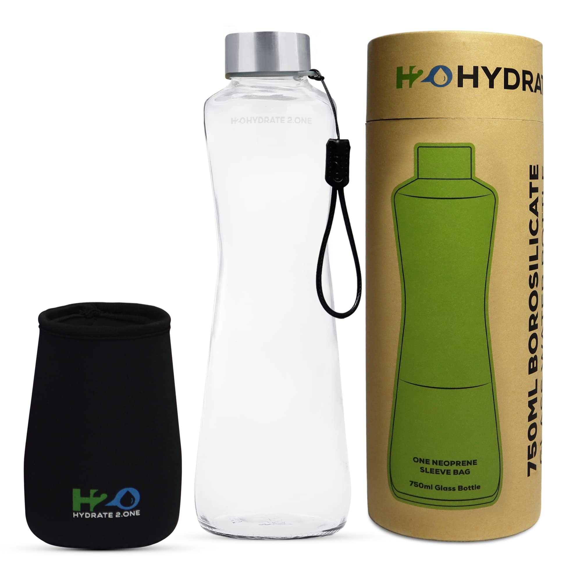 HYDRATE 2.ONE Glass Water Bottle with Neoprene Sleeve | 750ml Eco-friendly Borosilicate Drinks bottle with BPA Free Stainless Steel Lid (BLACK)