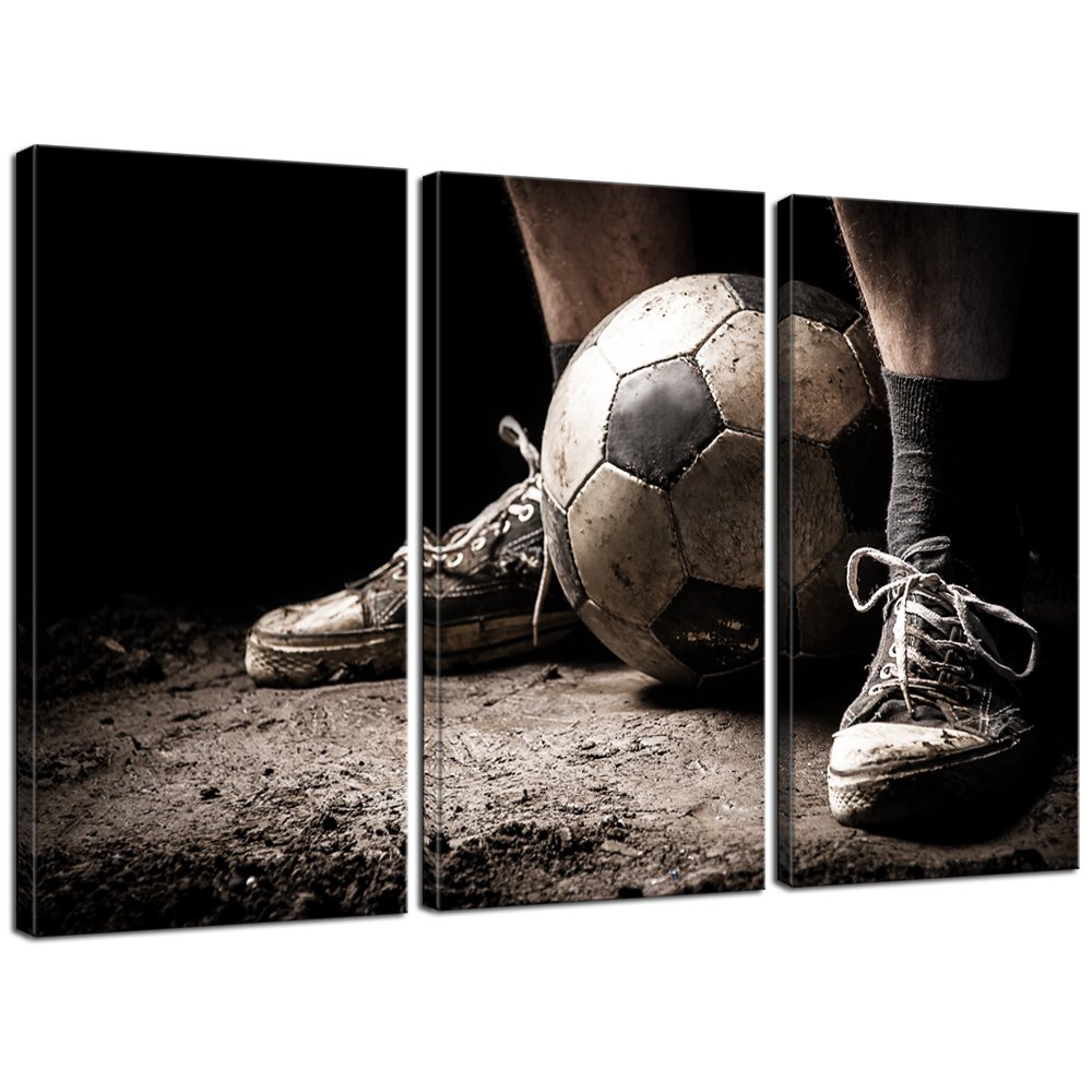 Live Art Decor - 3 Pieces Canvas Art Ragged Sneaker with a Soccer Ball Vintage Picture Prints on Canvas Framed Ready to Hang,Sports Wall Art for Boys Room,-16"x32"x3pcs