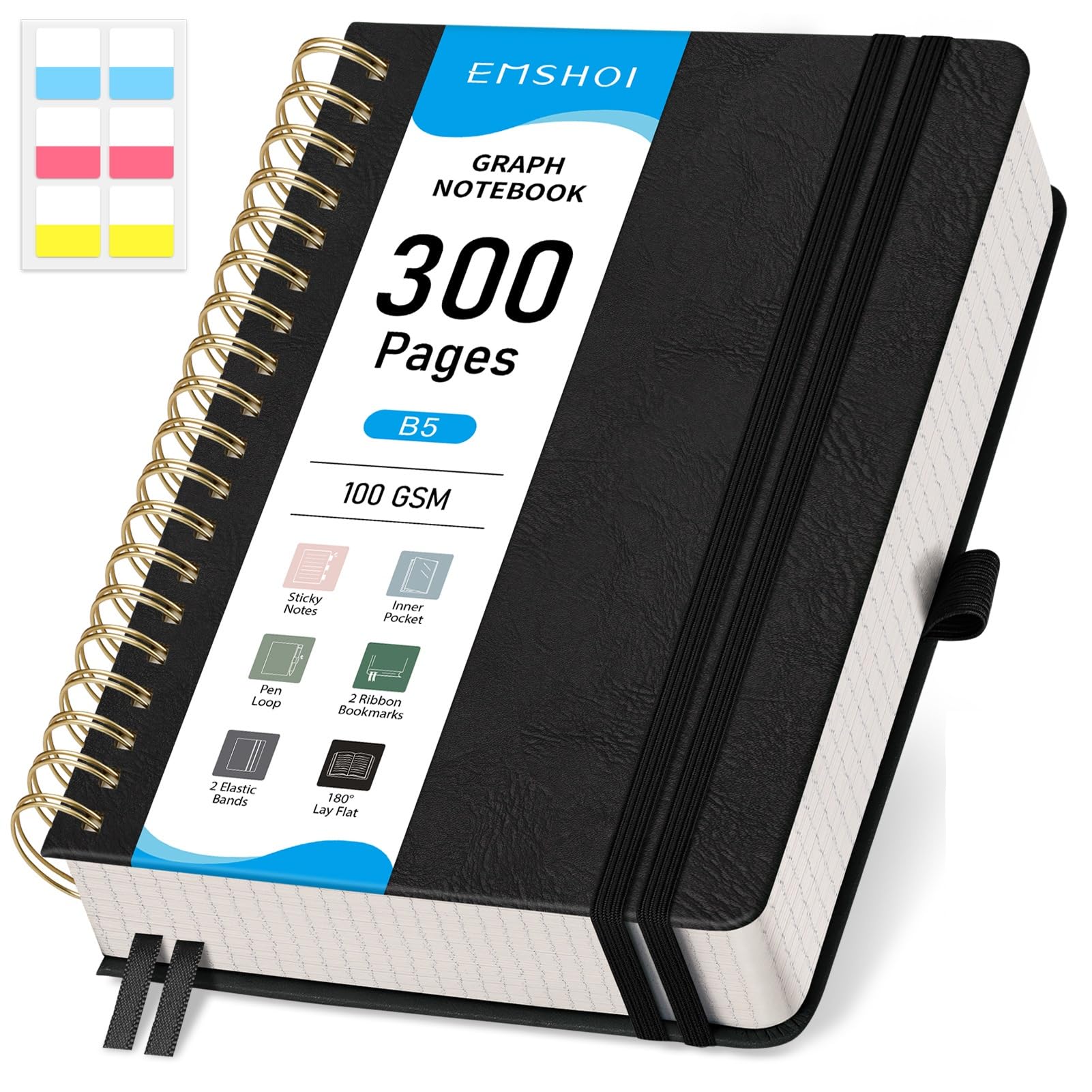 EMSHOI B5 Graph Paper Notebook, Spiral Notepad 150 Sheets/300 Pages, 100gsm, Hardback, Sticky Notes, Pocket, Pen Loop, Ruler, Bookmark, Squared Journal for Women Men Writing, 19 x 25.8cm, Black