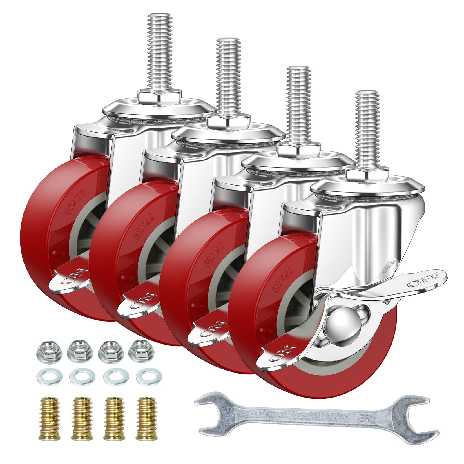 Photo 1 of 2 Inch Swivel Caster Wheels Set of 4, Locking Casters Heavy Duty Total Capacity 200lbs, Metric M8-1.25×25mm Threaded Stem PU Castors with Brake