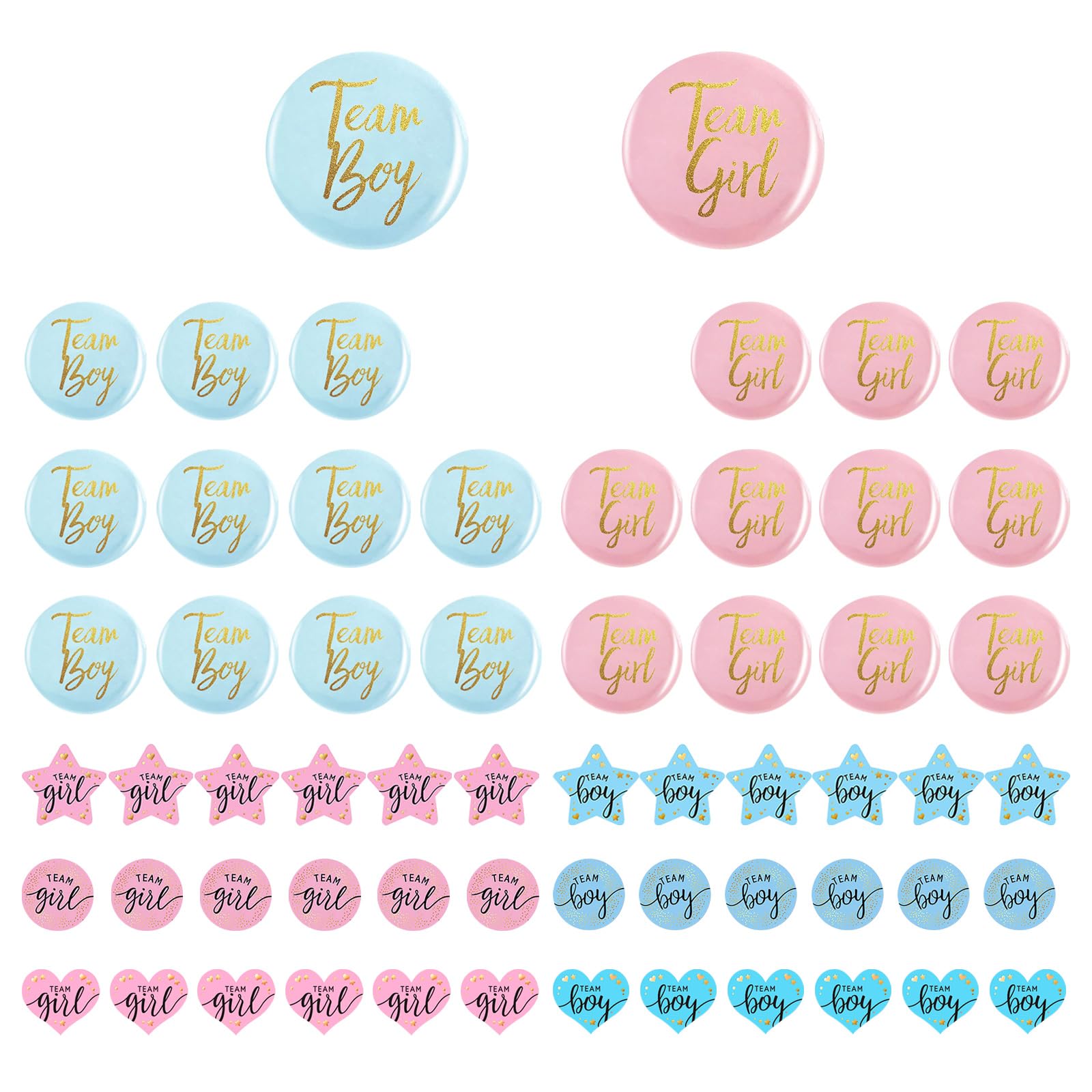BQLYblink Pack of 60 Gender Reveal Button Team Boy and Team Girl Pin Badges Baby Shower Gender Reveal Button Badge 24 Gender Reveal Pin + 36 Gender Reveal Stickers for Baby Shower Party Decoration,