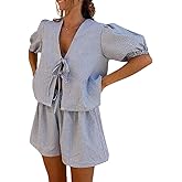 KMBANGI Women Y2K 2 Piece Shorts Set Peplum Puff Sleeve Babydoll Shirt Blouse Shorts Tie Front 2 Piece Pajamas Sets