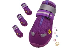 Dog Shoes, FISHOAKY Dog Shoes for Large Dogs, Mesh Breathable Dog Boots & Paw Protectors for Summer Hot Pavement Winter Snowy, 360°Anti Slip 4Pcs Dog Booties with Reflective Purple (Size 1)