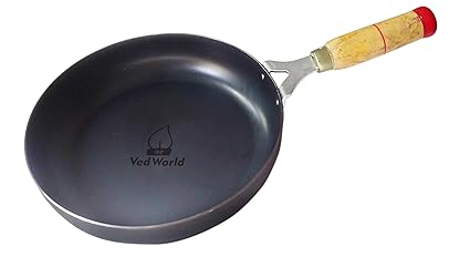 Vedworld Iron Fry PAN Black | Original Loha | Iron | Lokhand with Wooden Handle (9.5 INCHES)