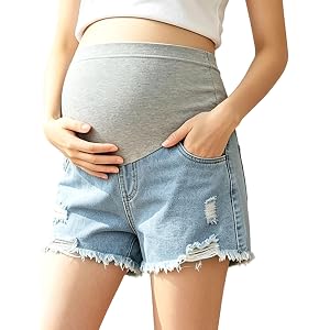 Plus Size Maternity Denim Shorts Womens Casual Over Belly Pregnancy Lounge Ripped Jean Shorts Comfy Pants with Pocket
