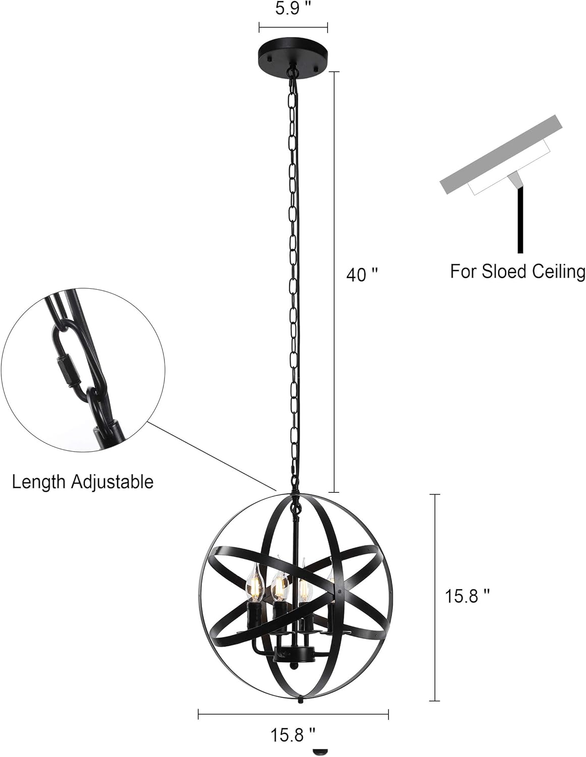 Lika 4-Light Chandelier 15.7" Farmhouse Rustic Industrial Pendant Lighting with Metal Spherical Shade Black Chandeliers for Dining Room, Kitchen, Foyer - - 