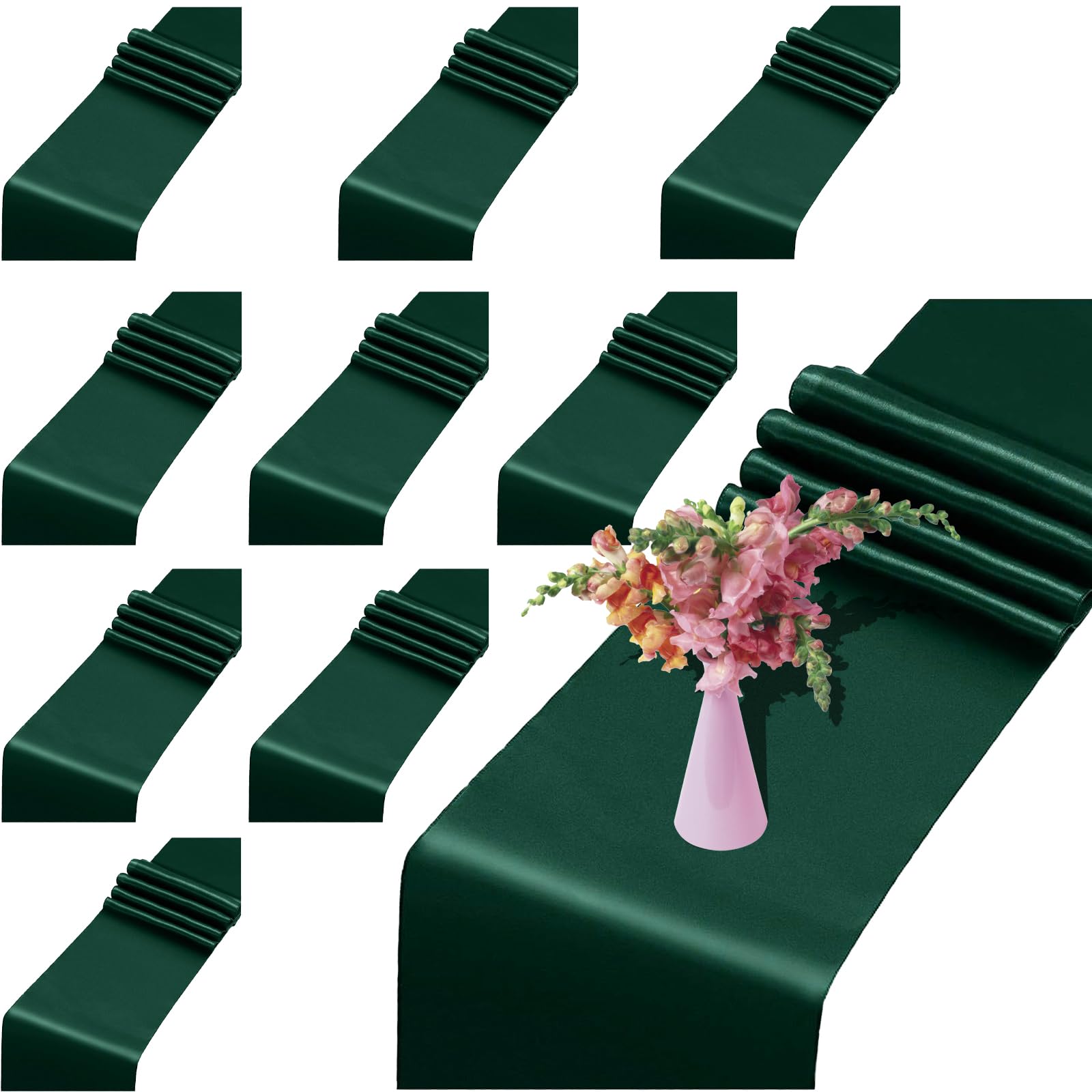 Photo 1 of 10 Pack Dark Green Satin Table Runner 12 x 108 Inch Long Bright and Smooth Silk Fabric Table Runner for Wedding Banquet Birthday Party Decoration