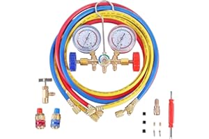 YSTOOL 3 Way AC Manifold Diagnostic Gauge Refrigerant Charging Set for Air Conditioner HVAC R134a R404a Freon with 5FT Hose R134a Quick Couplers Can Tap Adapter Valve Core Tool Kit
