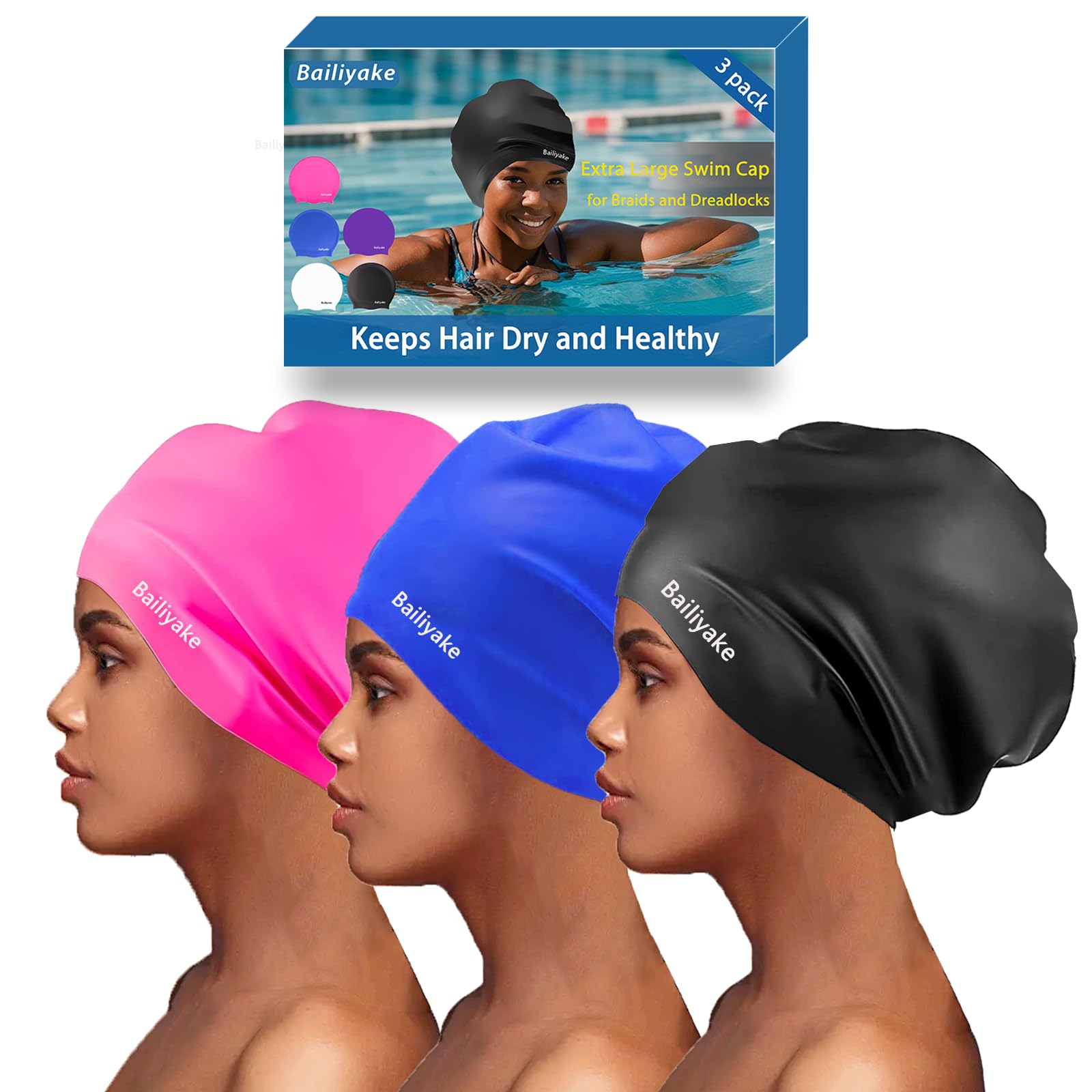 Photo 1 of 3 Pack Extra Large Swim Cap for Braids & Dreadlocks - Waterproof Silicone Swim Hat for Women & Men with Long Thick Hair, Protective Swim Cap Cover Ears for Swimming, Shower, Bathing