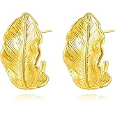 Hius Feather Stud Earrings for Women, Gold Plated Chunky Statement Trendy Fashion Earrings