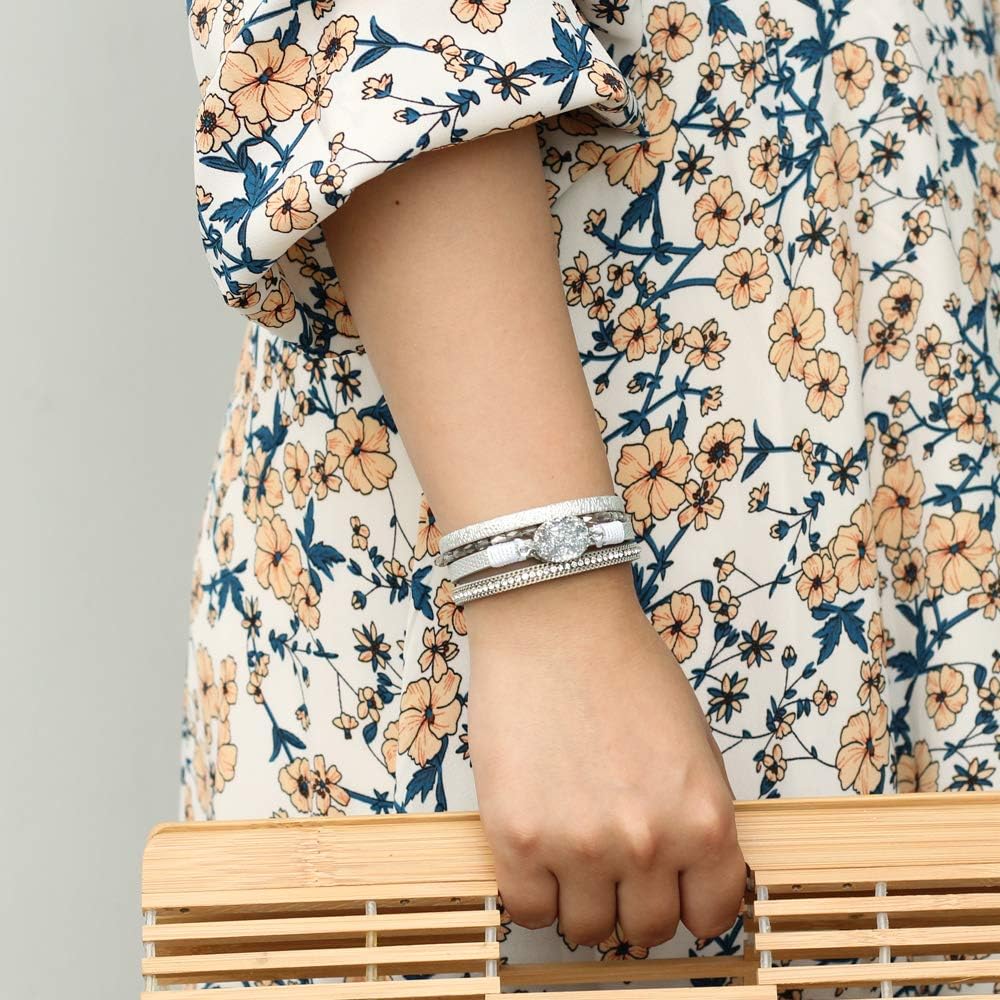 Leather Wrap Bracelet Boho Cuff Bracelets Crystal Bead Bracelet with Magnetic Clasp for Women Handmade Layered Bracelet for Teen Girls(7.7", Silver): Clothing