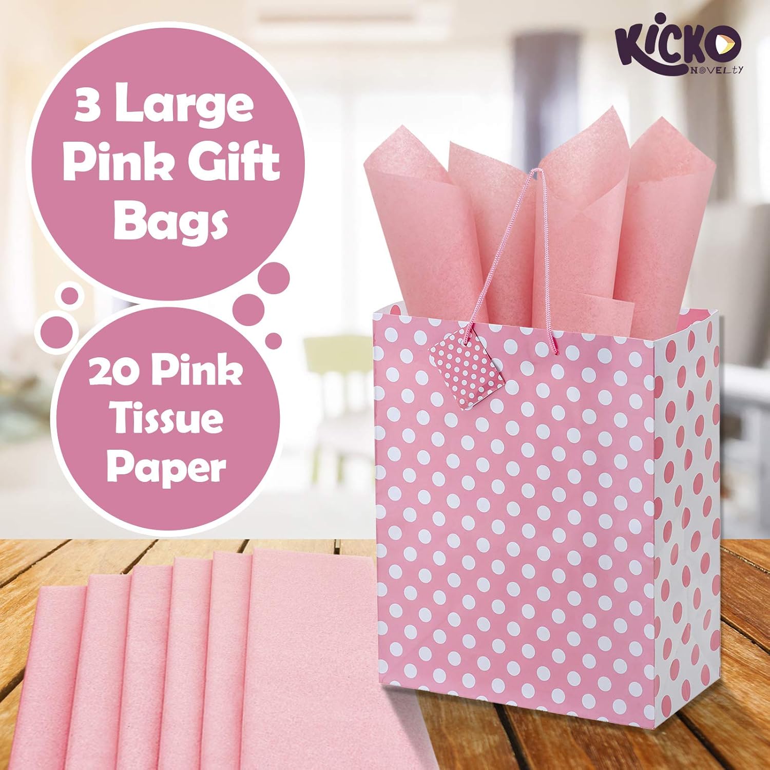 Kicko Large Pink Gift Bags with Tissue Paper - 23 Pieces - 13 Inches - for Party Favors, New Moms, Clothing, Books, Games, Puzzles, Stuffed Animals, Home Accessories, Cards, and More: Health & Personal Care