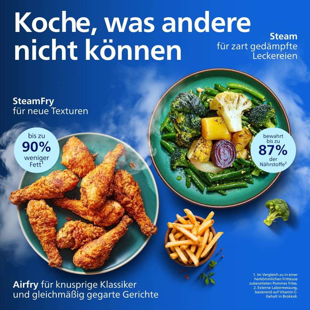 Philips Steam Airfryer 5000 Series Dual Basket Heißluftfritteuse mit Dampfgar-Funktion & 2 Körben – Steam, Airfry, SteamFry, 9L (3L+6L), RapidAir Plus, automatische Dampfreinigung (NA550/00) 6