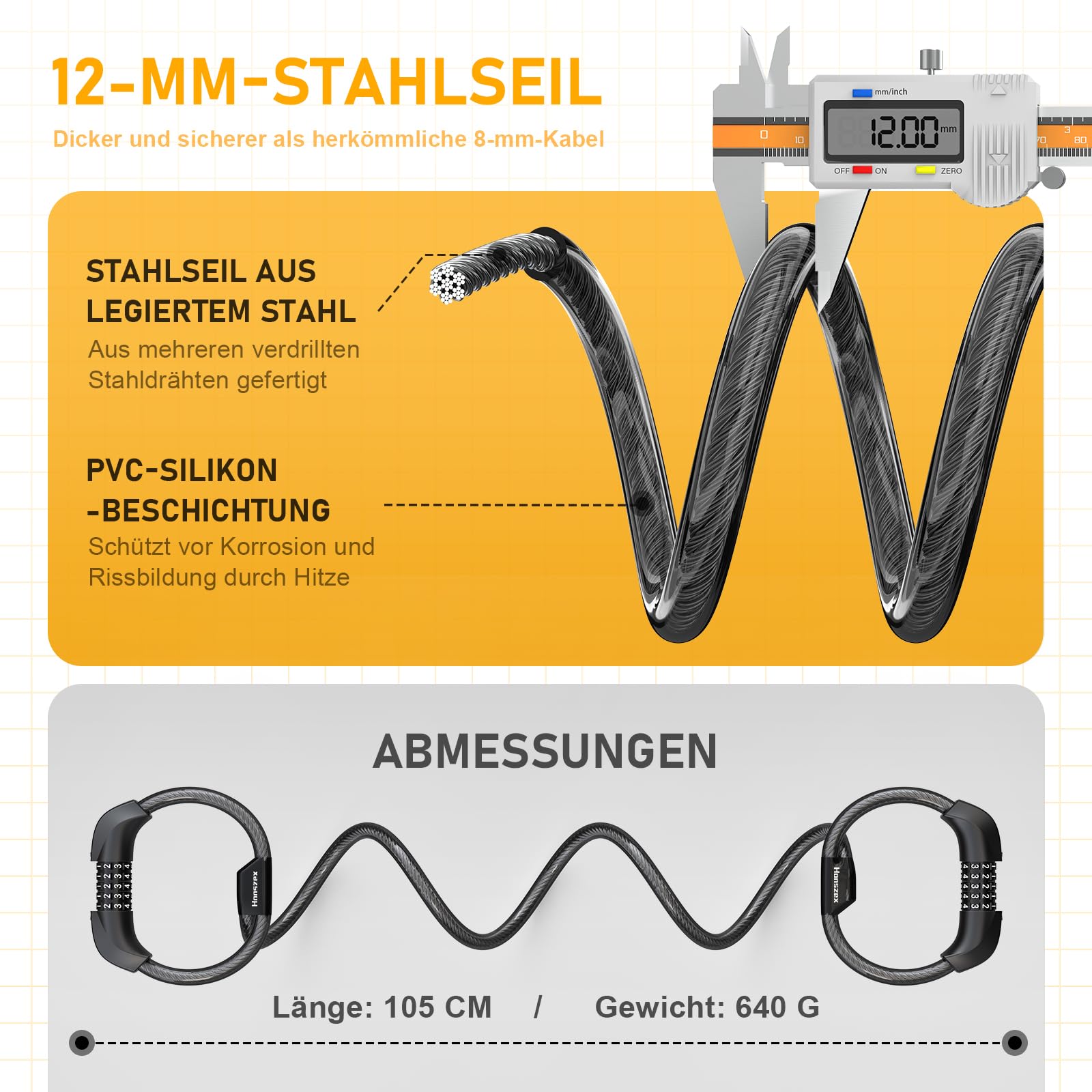 Honszex E Scooter Schloss, 5-stellig Kabel Schloss für E Scooter/Roller, Handschellenschloss, Zahlenschloss-Doppelschloss, Fahrradschloss, 105cm x 12mm, E Scooter Zubehör 4