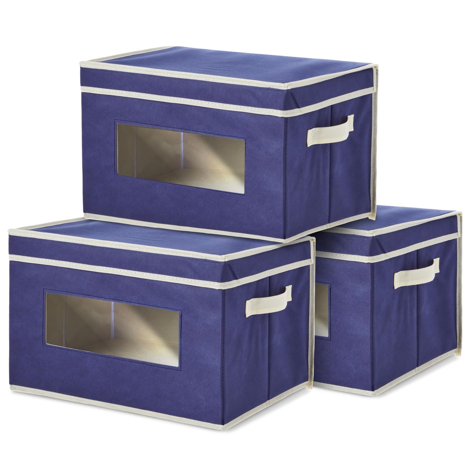 Juvale Foldable Fabric Storage Containers Bins - 3-Pack Organization Cube Boxes, Clear Windows and Lids for Household Items, Clothing, Office Supplies, Navy Blue and Beige, L 16.3x W11.8x H10.3