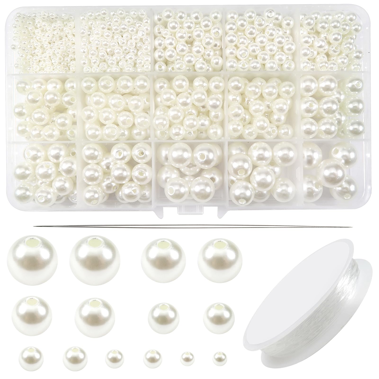 TOAOB 1400 Pieces Faux Pearl with Hole Round Beads Set for Threading Jewellery Beads Beige 3 mm 4 mm 6 mm 8 mm 10 mm 12 mm 14 mm for Decorating Clothes Necklaces Bracelets