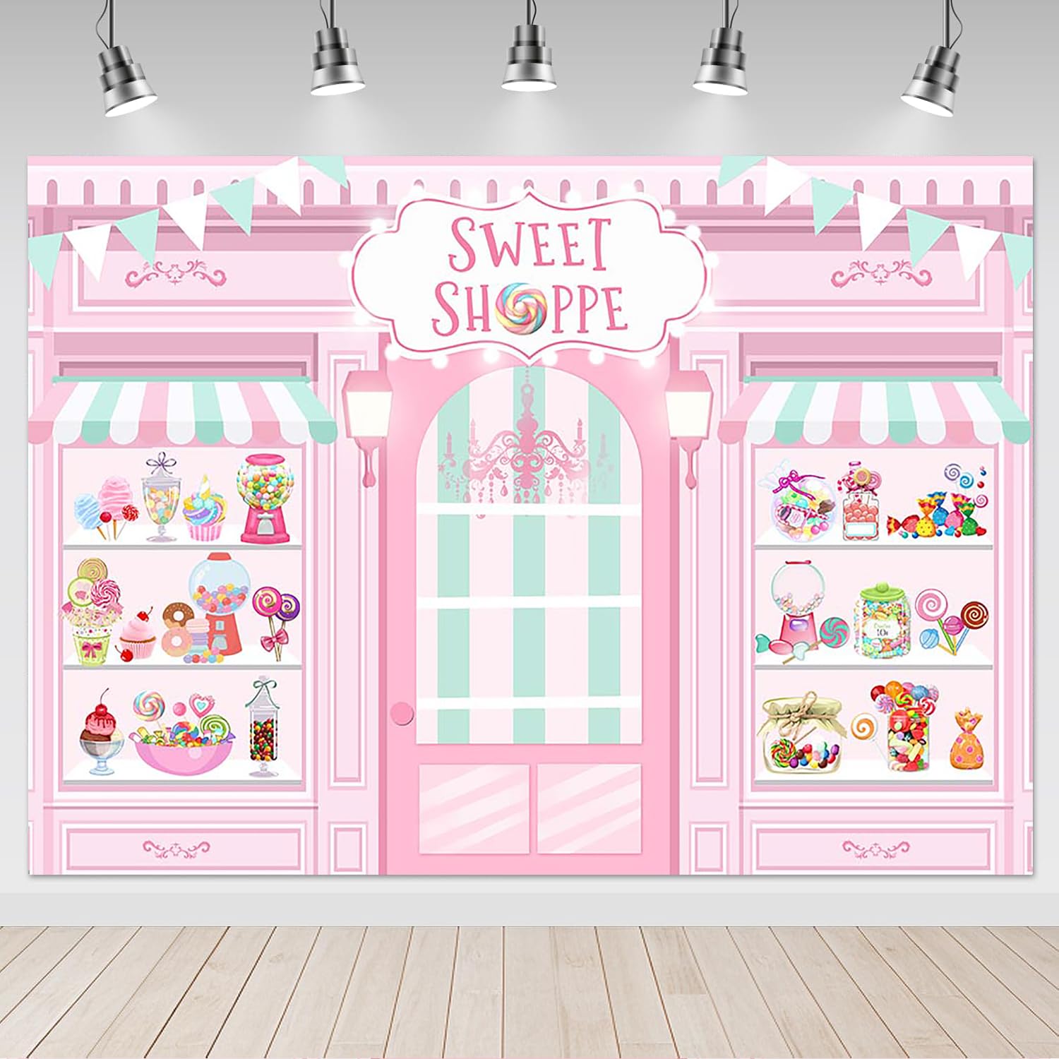 Photo 1 of Mocsicka Sweet Shoppe Backdrop 7x5ft Dessert Parlor for Girl Birthday Party Background Decorations Donut Ice Cream Cake Table Decor Photoshoot Studio Props (Pink)