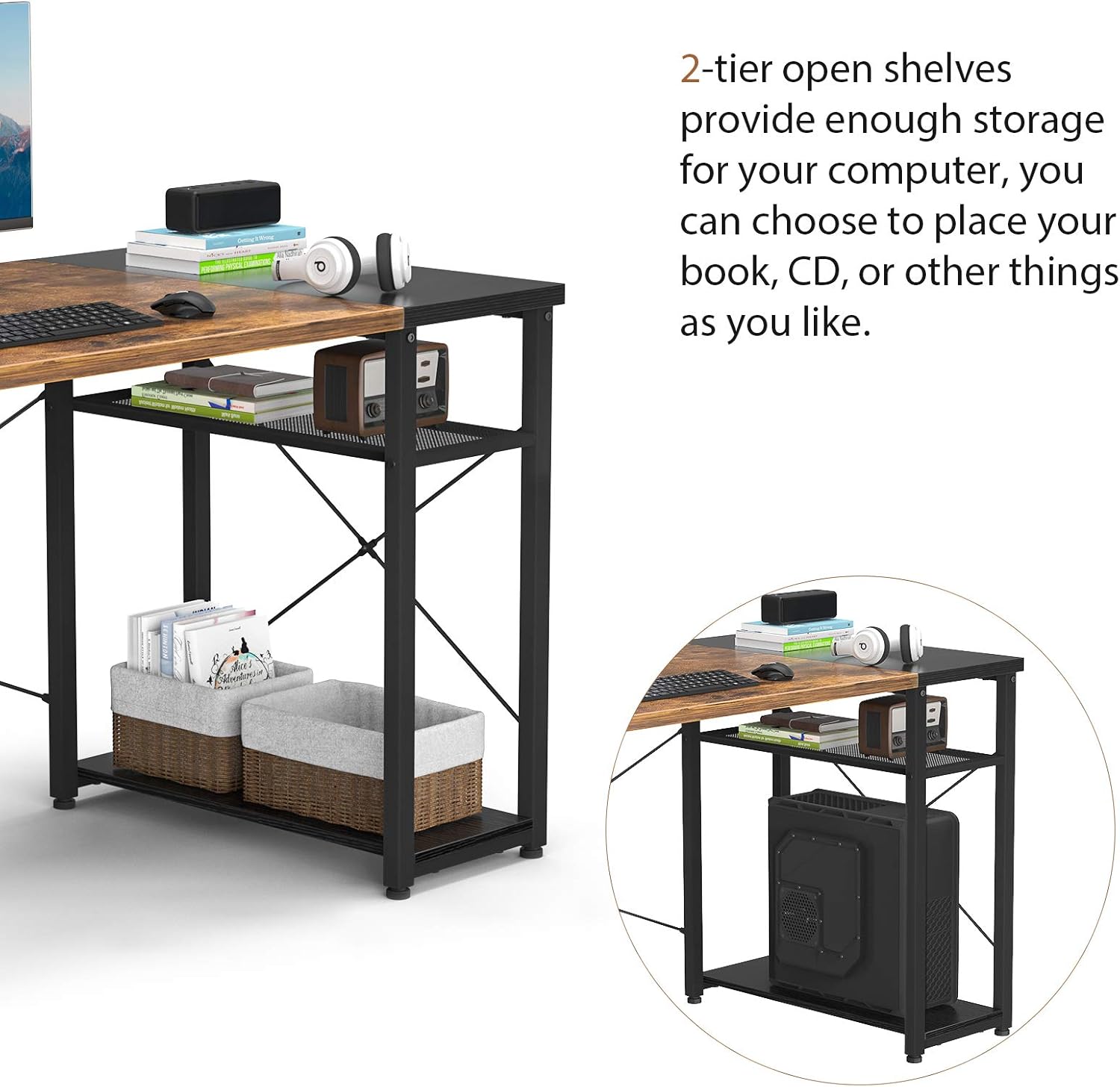 Ecoprsio Home Office Computer Desk, 40 Inch Small Writing Desk Table with Storage Shelves, 2-Tier Simple PC Gaming Desk for Home, Rustic and Black: Kitchen & Dining