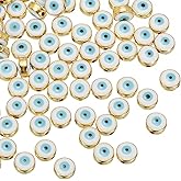 PATIKIL 8mm Evil Eye Beads, 60 Pcs Flat Round Turkish Evil Eye Charm with Golden Edge Spacer Beads Eyeball Bead for Bracelet DIY Necklace Earrings Making, White