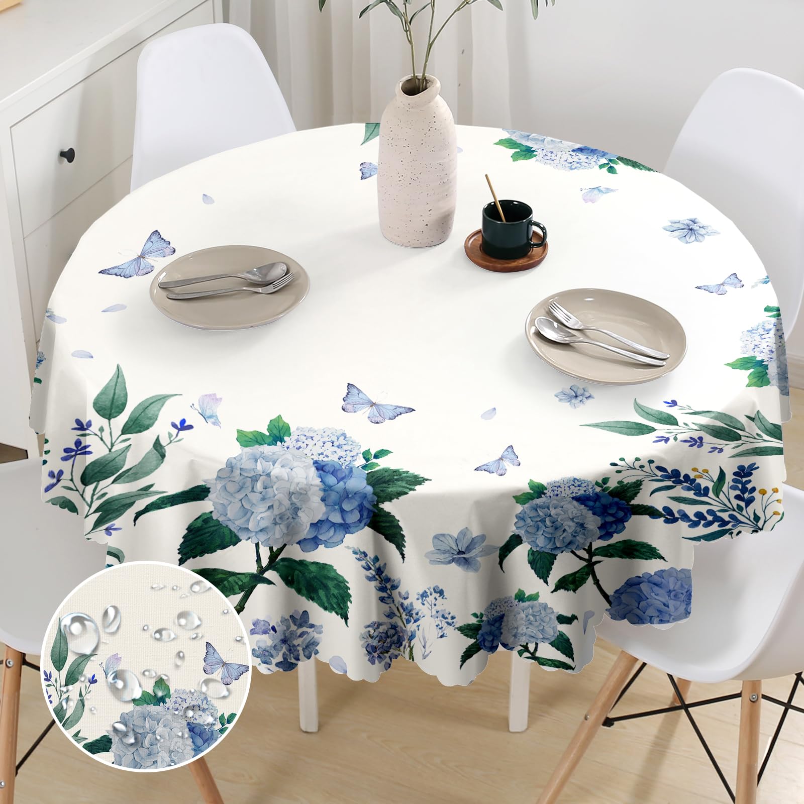 iEvery Hydrangea Flowers Round Tablecloth 150cm, Wipe Clean Polyester Table Cloth Waterproof Wipeable Circular Table Cover for Kitchen Dinning Garden Party Picnic Patio Outdoor