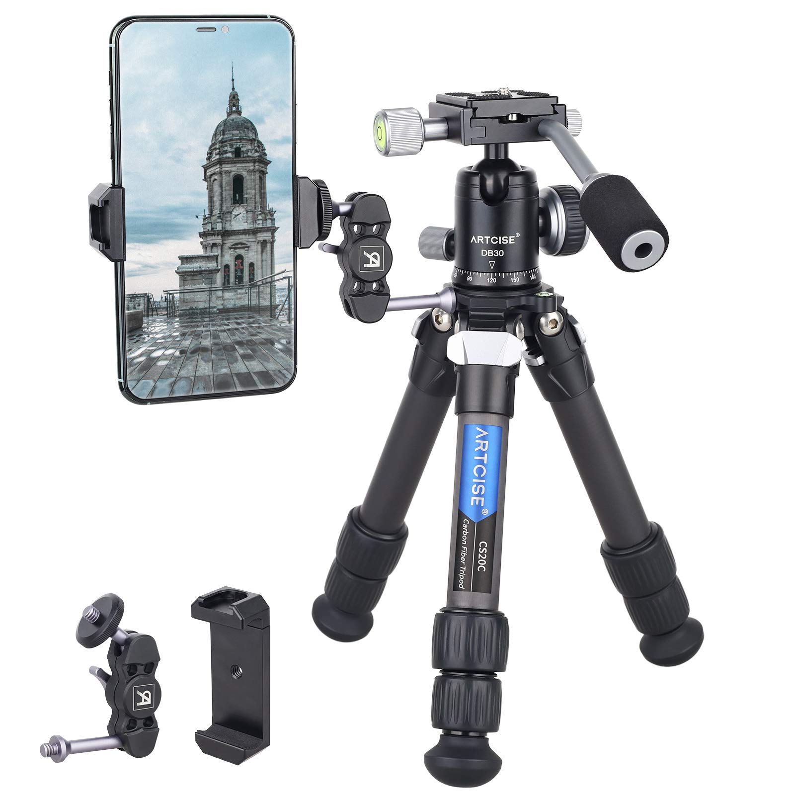 17.3" Mini Camera Tripod,ARTCISE Carbon Fiber Compact Desktop Tripod, Portable Desktop Tripod with CNC Handle Ball Head and Magic Arm phone Holder For Camera DSLR Camcorder, Max Load 22lbs/10kg
