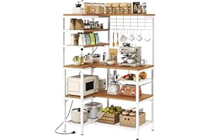 iabifo L-Shaped White Bakers Rack with Power Outlet, Kitchen Storage Rack with Hooks, Wire Shelf with Open Storage, Mesh Grid, Wire Basket