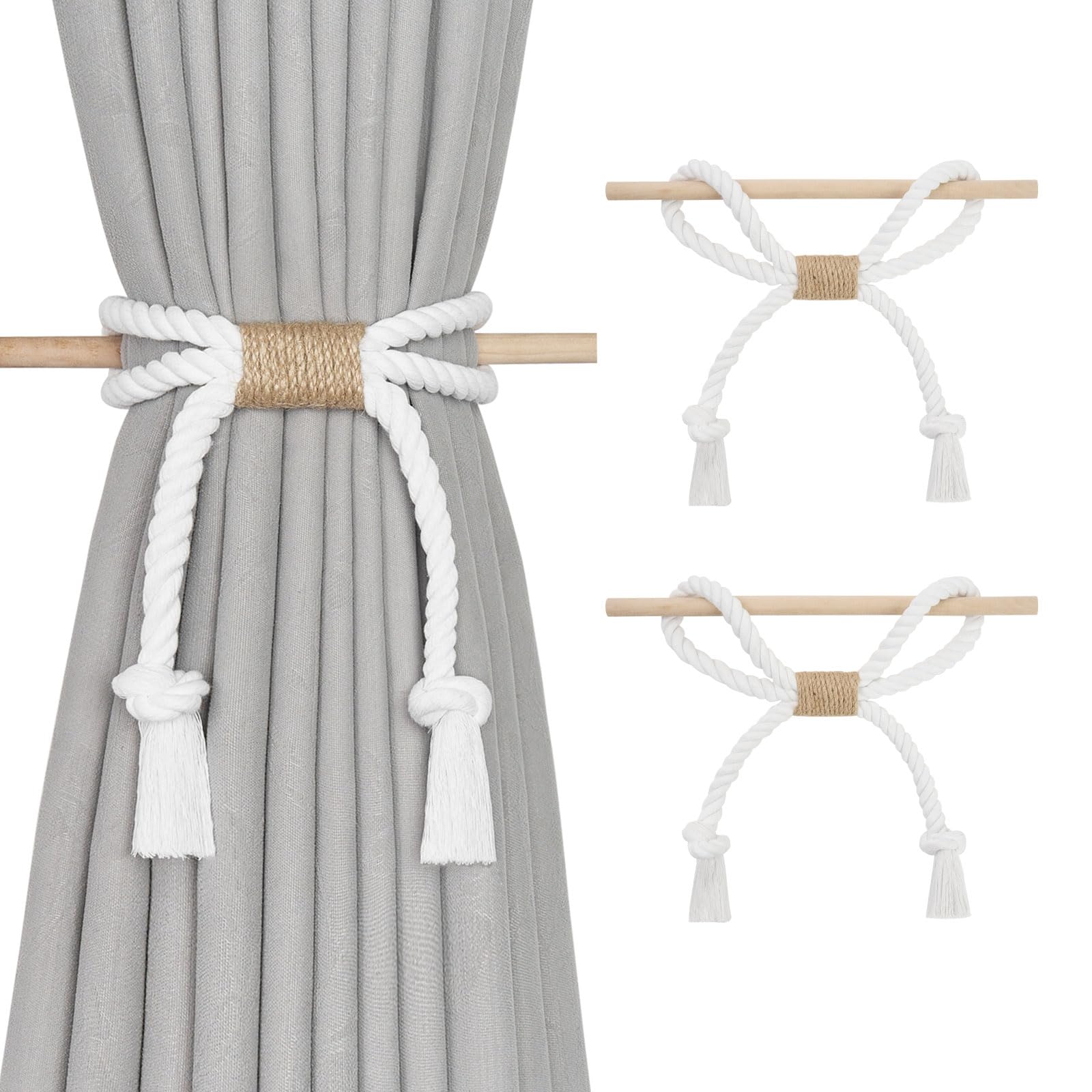 Pretty Jolly 2 Pack Natural Cotton Rope Curtain Tiebacks Boho Rustic Style Decorative Drape Tie Backs Farmhouse Hand-Woven Curtain Holdbacks with Wood Club for Home Office Drapery (Cotton knot-White)