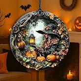 Halloween Stained Glass Window Hanging, Witch Design for Christmas Tree Decoration, Birthday Gift for Girl, Acrylic Round Wall Art Decor, Witchy Ornament for Home Friends and Family (Black Girl 02)