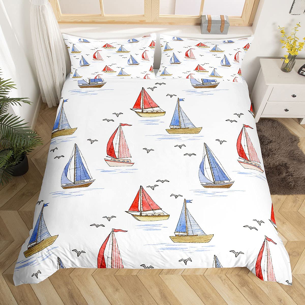 Sailboat Bedding Set Seagull Comforter Cover for Kids Boys Girls Teens Nautical Duvet Cover Ocean Marined Breathable Bedding & Linen Summer Holiday Bedding & Linen Double Size — image 1