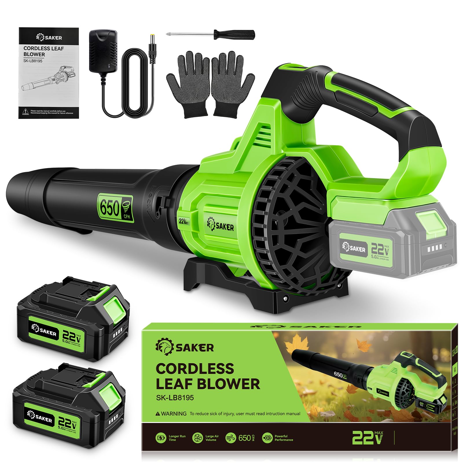 Photo 1 of Saker Cordless Leaf Blower 650CFM 22V Electric Blowers with 2x5.0Ah Batteries 3-Speed Lightweight Blowers for Lawn Care, Yard Cleaning, Blowing Leaves, Dust, Snow Green SK-LB650