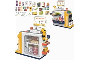 Yeeyuue Toy Cash Register for Kids, 46Pcs Kids Cash Register with Calculator, Scanners, Credit Cards, Coffee Machine, Play Food, Adorable Cash Register Toy Gift for Ages 3+ Boys and Girls （Yellow）