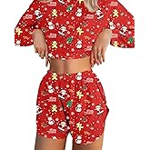 JUSTFASHIONNOW Womens Pajama Sets Striped Two Piece Lounge Sets Long Sleeve Top and Split Shorts Print Sleepwear Comfy Pjs