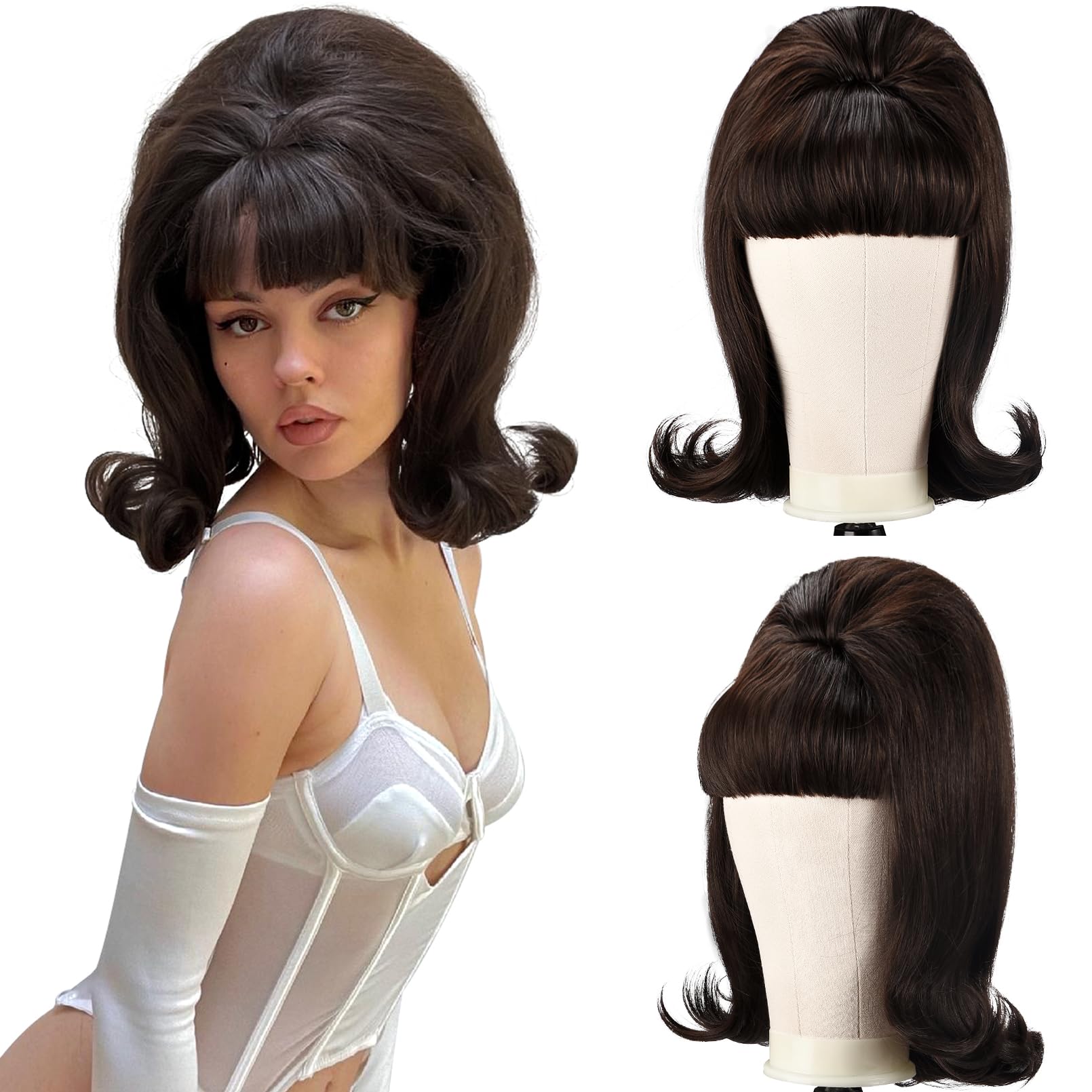 Photo 1 of (FAIR) LONAI Retro Brown Wig 50s 60s 70s Wig with Bangs for Women Synthetic Hair for Halloween Costume Party