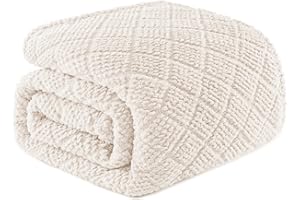 Whale Flotilla Fuzzy Fleece Queen Size Blanket for Bed, Soft Fluffy Jacquard Waffle Blankets for All Season, Lightweight and Warm, 90x90 Inch, Ivory