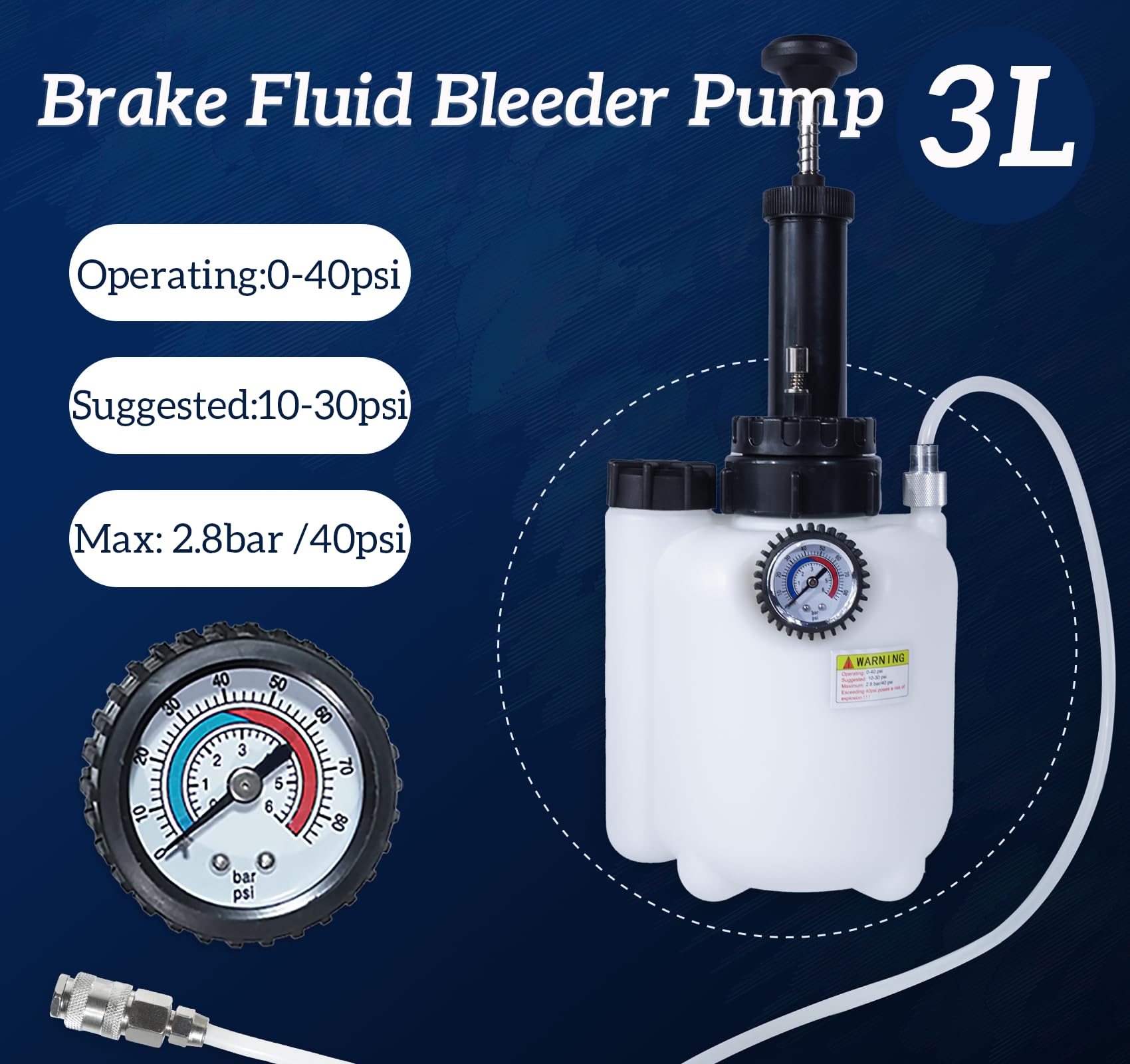 Manuelles 3L Vakuum-Bremsentlüftungsset mit 1L Flasche & 5 Hauptbremszylinder-Adaptern, Ein-Personen-Handpumpe zum Entlüften der Bremsflüssigkeit, kompatibel mit Toyota, Lexus, Chrysler und mehr. 2