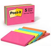 Post-it Notes, 3 in x 5 in, 5 Pads, America #1 Favorite Sticky Notes, Cape Town Collection, Bright Colors (Magenta, Pink, Blue, Green), Clean Removal, Recyclable (655-5PK)