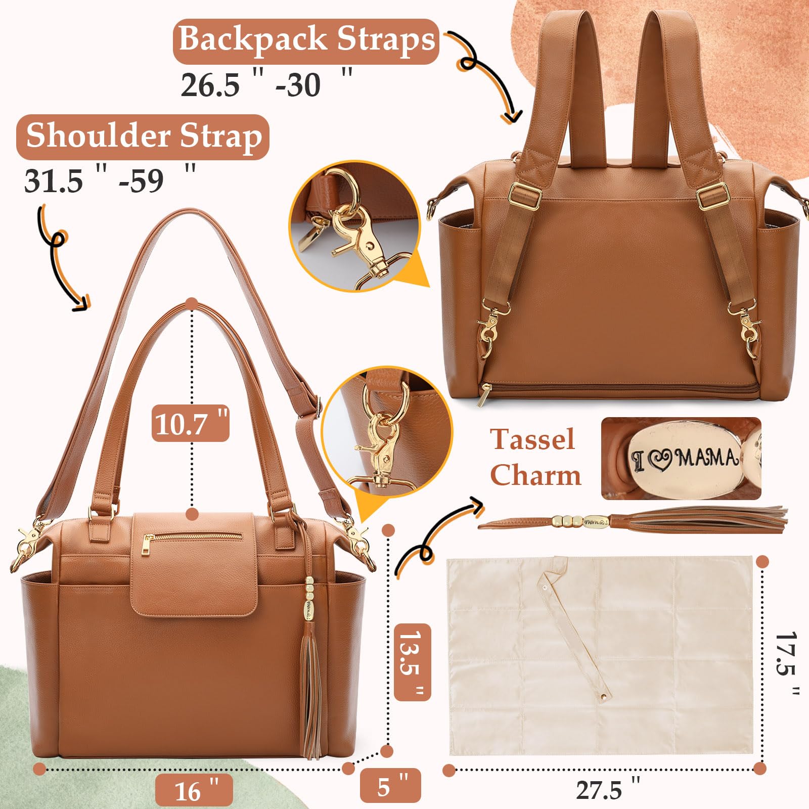 Diaper Bag Tote Leather Diaper Bag Backpack Large Baby Diaper Bag 14 Diaper Organizing Pouches,Changing Pad,Crossbody Strap,4 Insulated Pockets,Brown