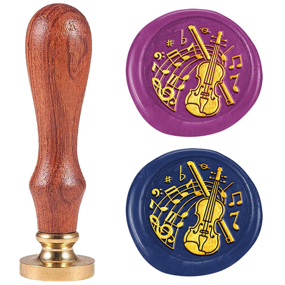DELORIGIN Violin Music Wax Seal Stamp 0.98" Removable Brass Seal Head with Wooden Handle Vintage Embossed Letter Sealing Wax Stamp for Invitations Party Envelope Festival Gift Packag Decorate