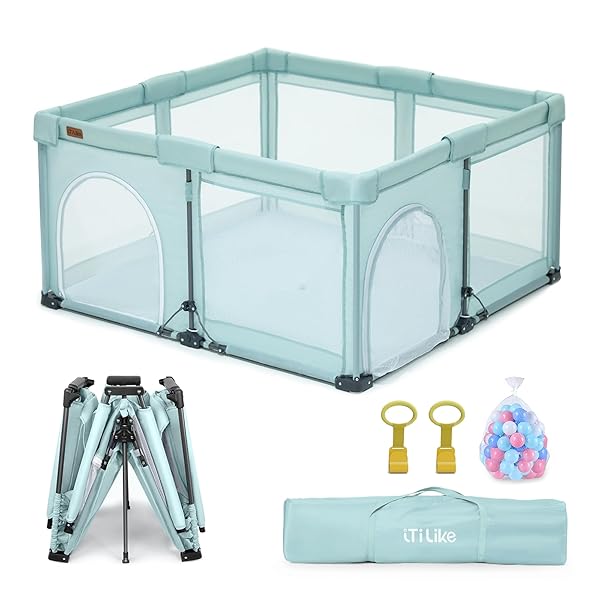 FOLDABLE BABY PLAYPEN 50X50INCH, ITILIKE PLAYPEN FOR BABIES AND TODDLERS WITH 50 PCS OCEAN BALLS & 2 HANDLES, INDOOR & OUTDOOR KIDS SAFETY PLAY PEN AREA, PORTABLE TRAVEL PLAY YARD,MINT GREEN