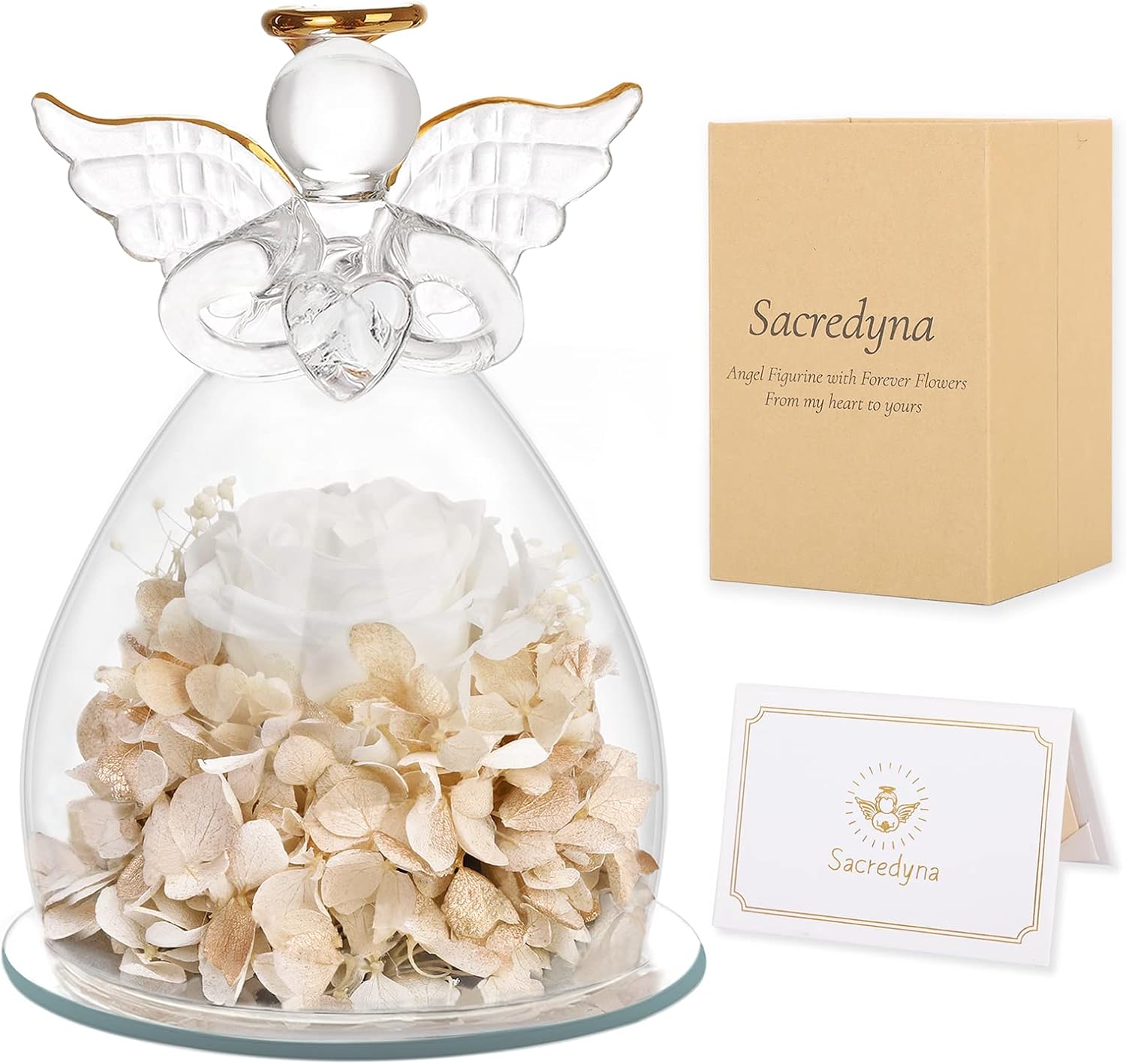 Dried & Preserved Flora - Romantic Preserved Flower Rose in Glass Angel Figurine - Sacredyna Eternal White Rose Gifts for Her on Anniversary, Valentines, Birthday - Perfect Angel Figurines Gifts for Mom, Wife, Girlfriend - Whi
