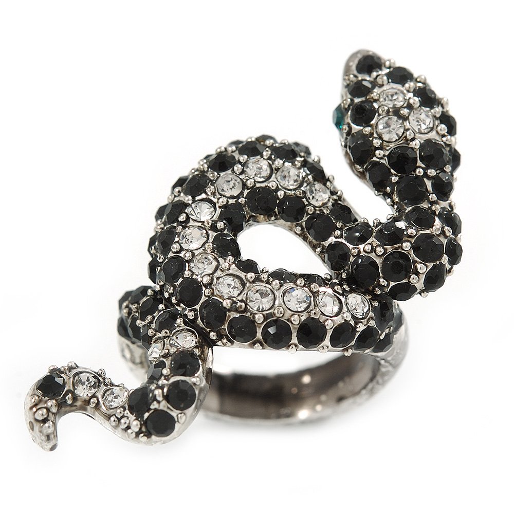 Avalaya Black/Clear Crystal Coiled Snake Ring/Silver Tone/Size 7