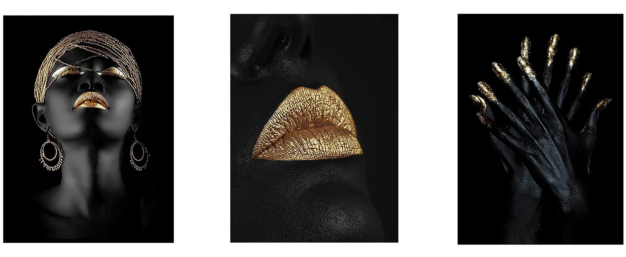 3 Piece Canvas Wall Art, African Black Women Golden Lips Decorative Painting, Pop Gold Earrings Necklace Black Pretty Girl Style Painting for Living Room Bathroom Home Decor, Without Frame (50*70cm)