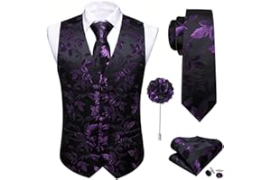 Barry.Wang Men's Suit Vest Tie Bowtie Set Formal Silk Paisley Waistcoat Hanky Cufflinks Lapel Pin Set Wedding Party 7PCS