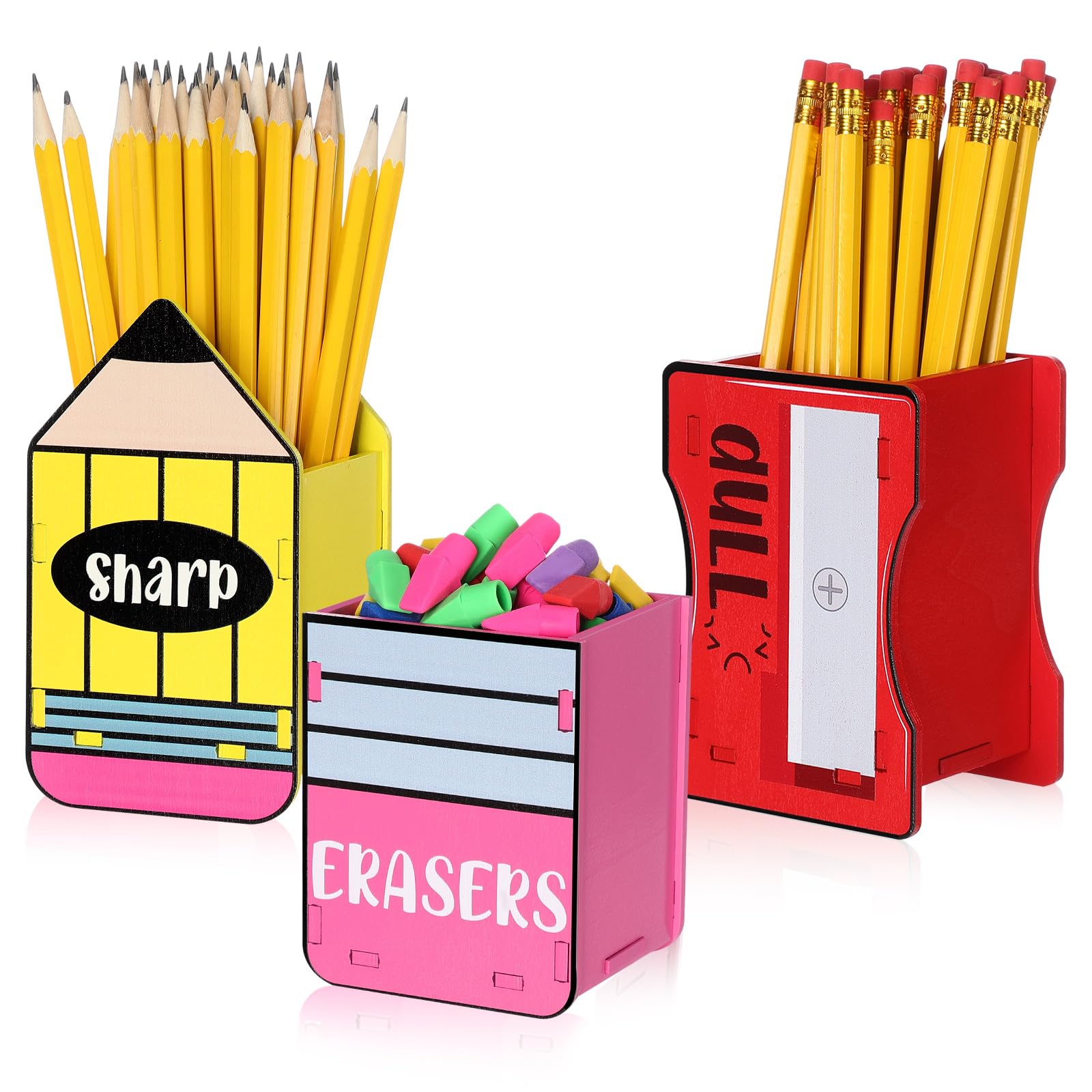 Photo 1 of AmazingSpark 3 Pcs Pencil Shaped Holder Sharp and Eraser and Dull Holder Wooden Dispenser Pencil Storage Organizer for Back to School Management Organization (Bright,Dull)