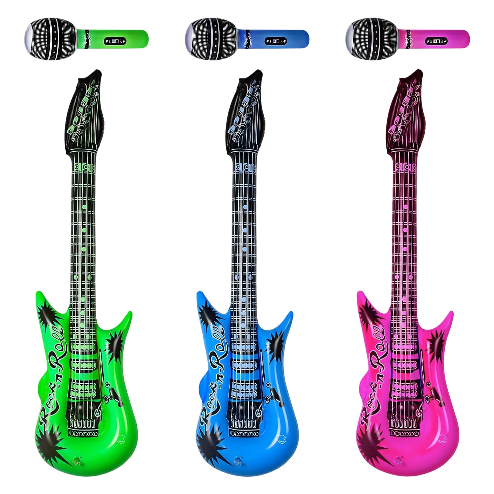 6Pcs Inflatable Guitar, Blow Up Guitar for Kids, Inflatable Microphone Set, Musical Instrument Toys for Children, Air Guitar Collection with 3 Guitars and 3 Microphones