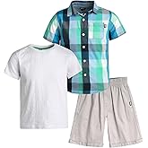 DKNY Boys Short Sets - 3 Piece Outfit with Short Sleeve Button Down Shirt, Crewneck Boys T Shirts & Twill Toddler Shorts